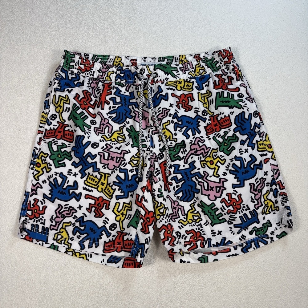 Maamgic Keith Haring 7" Swim Shorts Men's‎ S White Mesh Lined Drawstring Pockets